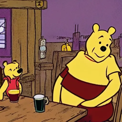 Image similar to winnie the pooh and a blonde woman enjoying a pint in a rural pub. gordon freeman is in the background looking disappointed.