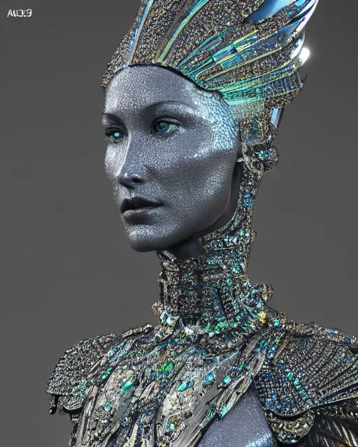 Image similar to a highly detailed metahuman 4 k close up render of an alien goddess bella hadid monument in iris van herpen armor schiaparelli in diamonds crystals swarovski and jewelry iridescent in style of alphonse mucha gustav klimt trending on artstation made in unreal engine 4