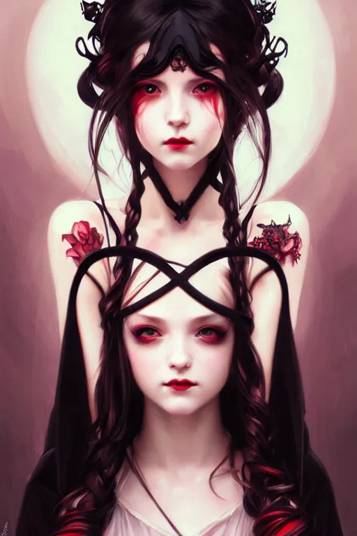 Image similar to portrait of radical lolita girl, dreamy and ethereal, red eyes, smiling expression, ornate goth dress, dark fantasy, chaotic, elegant, black crows flying, highly detailed, digital painting, artstation, concept art, smooth, sharp focus, illustration, art by artgerm and greg rutkowski and alphonse mucha