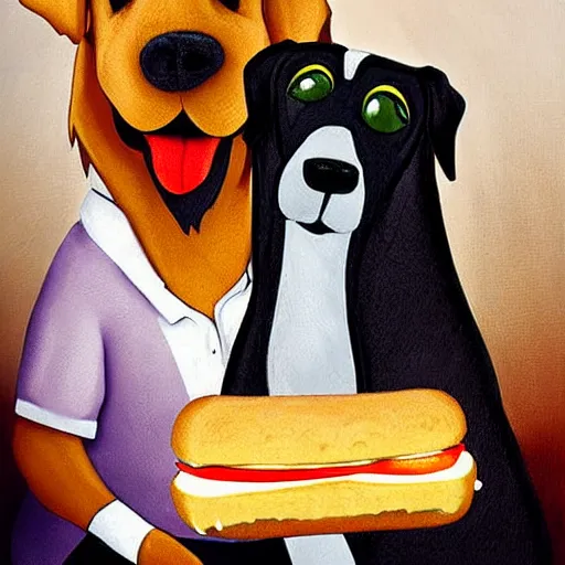 Prompt: portrait of the dog scooby doo and his friend shaggy with 2 foot high sandwiches