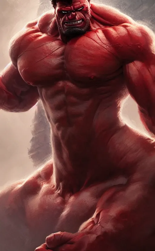 Image similar to Portrait of a Red Hulk, male, detailed face, fantasy, highly detailed, cinematic lighting, digital art painting by greg rutkowski