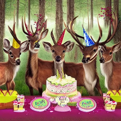 Prompt: twi deers having a cool birthday party, photo, highly detailed