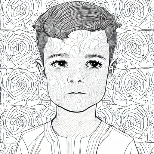 Image similar to clean simple line art of a little boy with short hair. no background. well composed, clean coloring book page, beautiful detailed face. coloring book line art by josan gonzalez