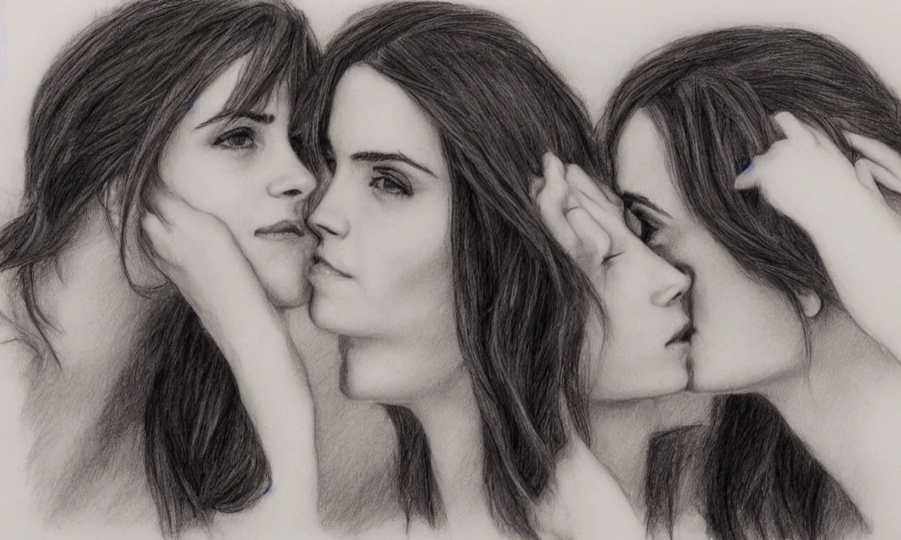 Image similar to emma watson kissing anne hathaway pencil sketch,