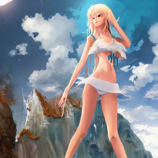 Image similar to tiny father a tall daughter picture : a very beautiful young blond anime girl, sky blue eyes, bikini, white miniskirt, highly detailed, cinematic wallpaper by stanley artgerm lau