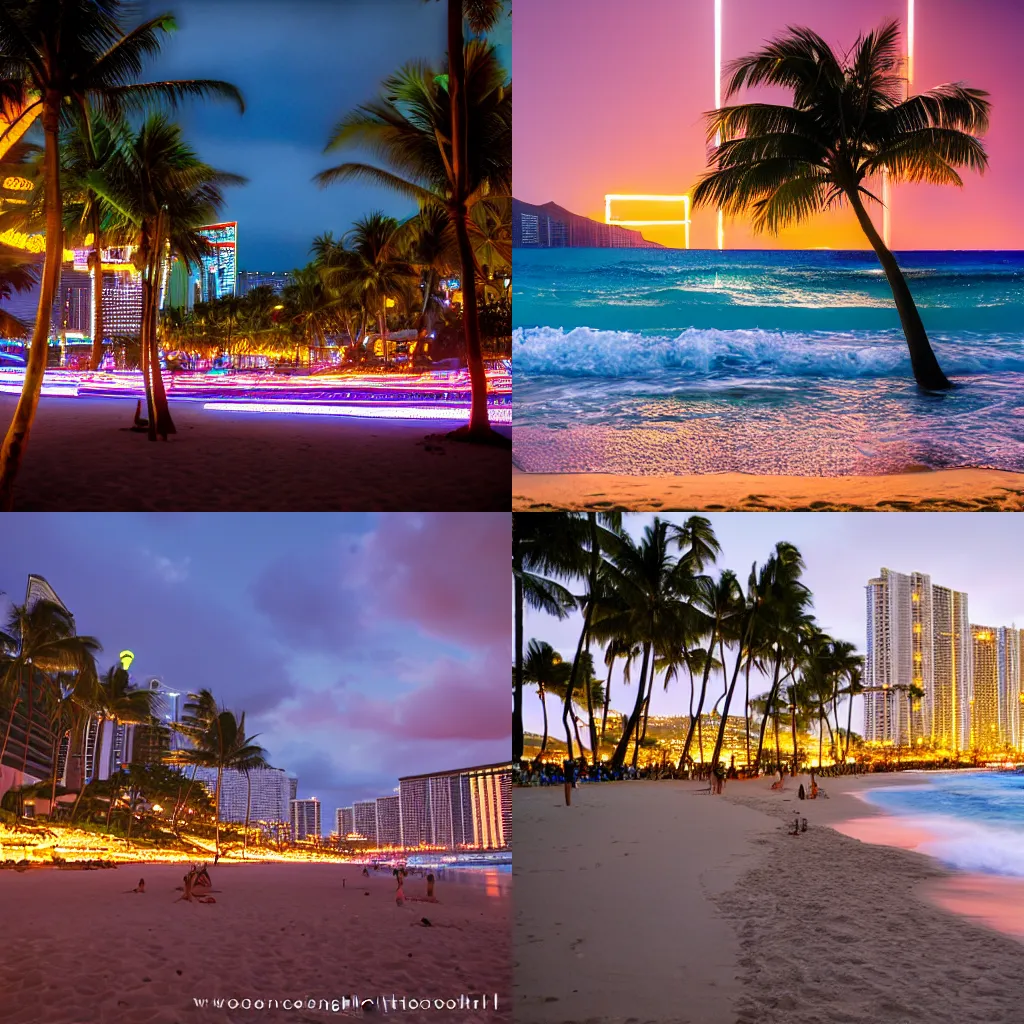 Prompt: Waikiki Beach, neo-Tokyo lighting, professional photography