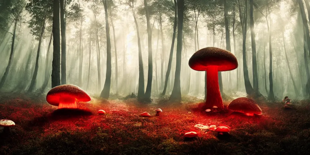 Prompt: Photo by Filip Hodas of the cinematic view of the Forest of the Giants, giant mushroom with a little transparency, some normal mushrooms on the floor, A very big red mushroom with white spots , photorealism, a few sun ray of lights falling, photo taken with canon 5D