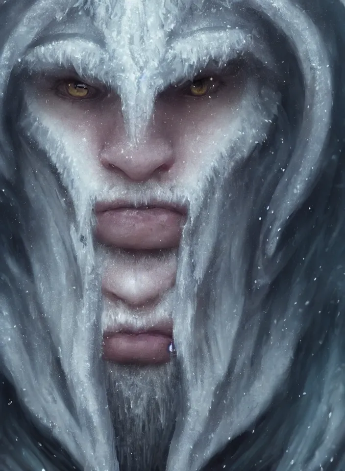 Image similar to a face portrait of an ice troll from skyrim, fantasy setting, beautiful face, serene colors, soft lighting, atmospheric, cinematic, moody, in the style of diego koi, gina heyer, luiz escanuela, art by alyssa monk, hyperrealism, rule of thirds, golden ratio, oil on canvas, 8 k