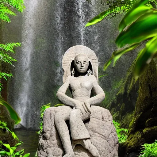 Prompt: Maya stone statue of an alien in front of a beautiful waterfall in the jungle, award winning photography, 8k