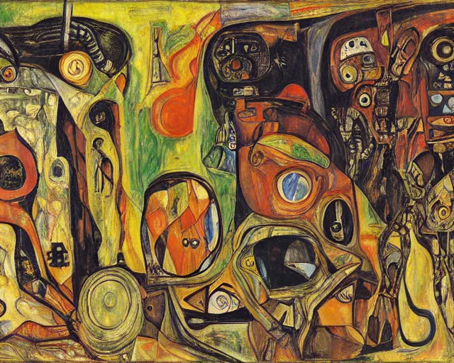 Image similar to a painting of a aliens and robots by graham sutherland, egon schiele, gustav klimt, guernica, expressionism