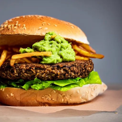 Prompt: vegan hamburger with guacamole, crispy fried onion and a fried egg, crispy buns, next to french fries, side view, 8 k resolution, studio lighting, sharp focus, hyper - detailed