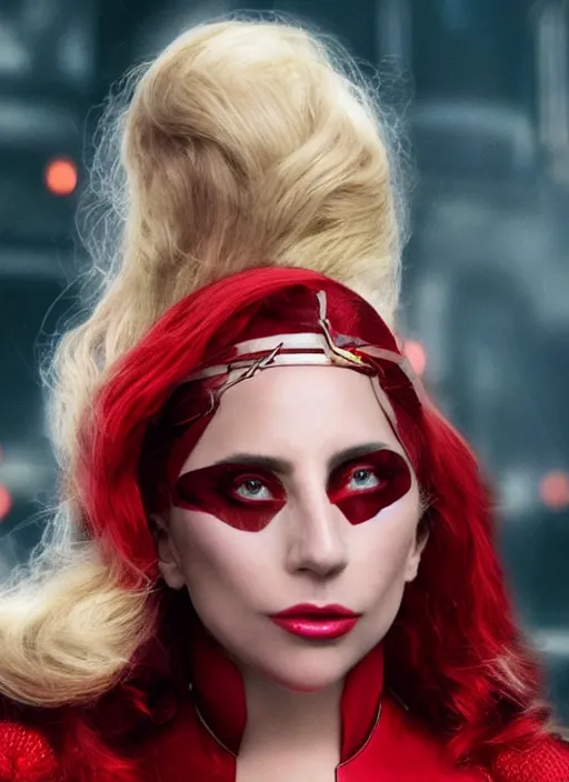 Prompt: screen of lady gaga as the scarlet witch in wandavision, High resolution. Highly detailed. Dramatic. 8k.4k.