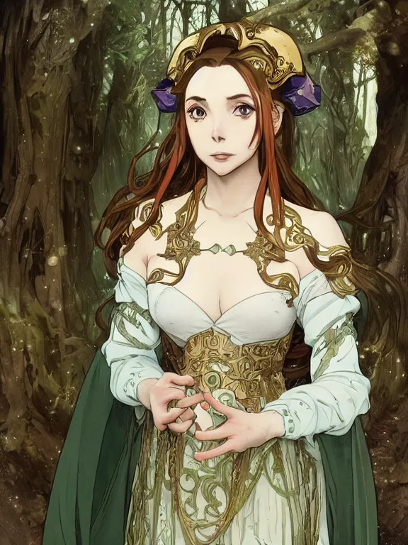 Image similar to anime key visual of jodie marie comer the enchantress wearing a medieval gown!! intricate, magical forest, stunning, highly detailed, digital painting, artstation, smooth, hard focus, illustration, art by artgerm and greg rutkowski and alphonse mucha