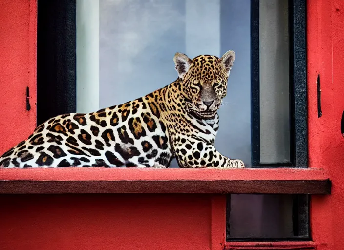 Image similar to photography of a Jaguar Cat . watching outside the window. on a bed. in a 70's room full of vinyls and posters, photorealistic, award winning photo, 100mm, sharp, high res