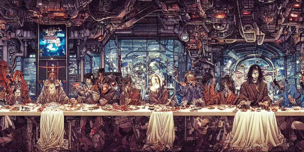 Prompt: the last supper, cyberpunk style, circuits, holy technology, mural art, by yoichi hatakenaka, masamune shirow, josan gonzales and dan mumford, ayami kojima, takato yamamoto, barclay shaw, karol bak, yukito kishiro