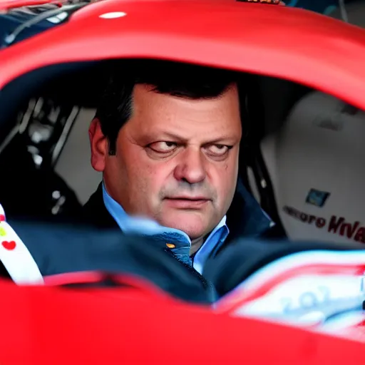 Image similar to Carlo Calenda driving a race car in pole position