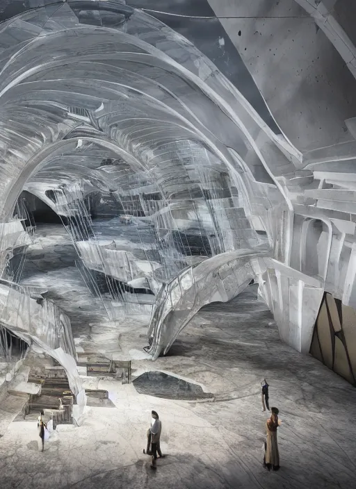 Image similar to virtual art exhibition, architecture installation in biennale venezia, bioremediation white mining tailing futuristic horizontal architecture, epic, cinematic, hyperealistic, high detailed, corona render, hdr, ray tracing