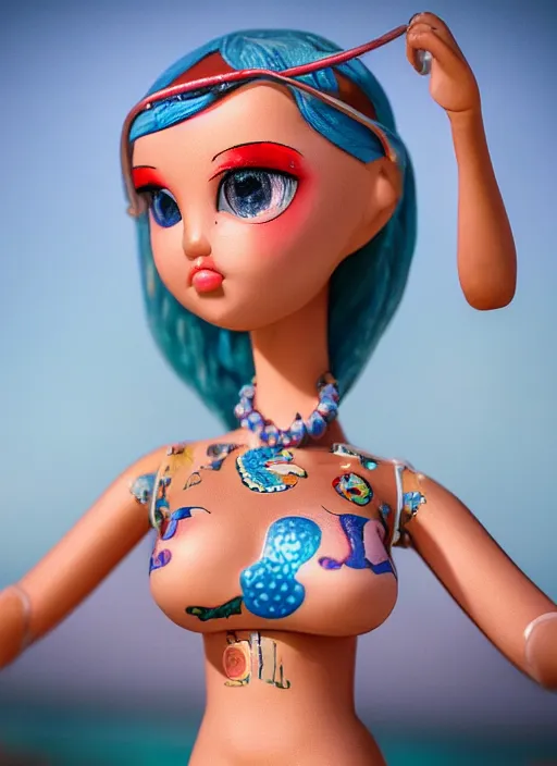 Image similar to closeup profile portrait of tin toy bikini girl surf sand, depth of field, zeiss lens, detailed, symmetrical, centered, fashion photoshoot, by nicoletta ceccoli, mark ryden, lostfish, breathtaking, 8 k resolution, extremely detailed, beautiful, establishing shot, artistic, hyperrealistic, octane render