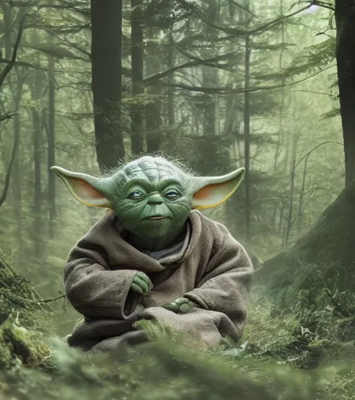 Image similar to 5 5 mm photo of a real life yoda in a forest. magical atmosphere. art by greg rutkowski. lifelike. very detailed 8 k. intricate. soft light. nikon d 8 5 0.
