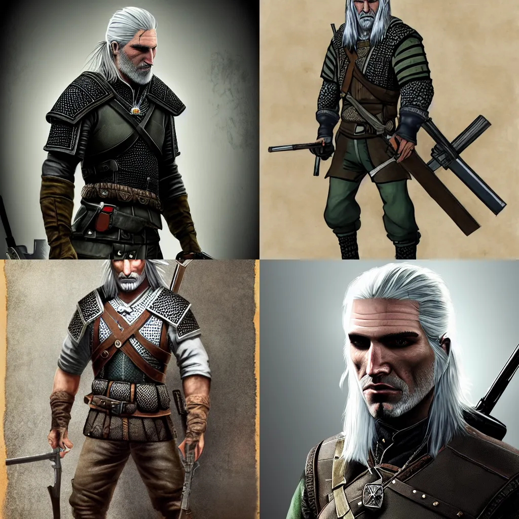 Prompt: Geralt of Rivia dressed as a modern soldier with a rifle, portrait