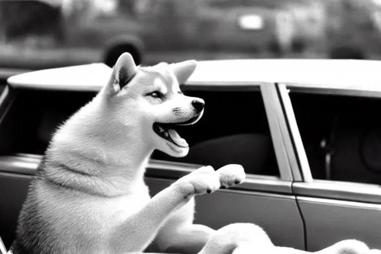 Image similar to picture of a shiba inu driving a car, 1 9 7 0 s