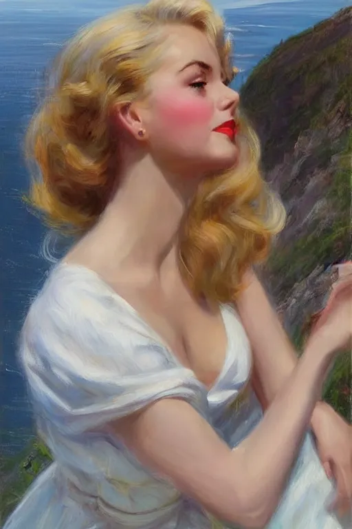 Image similar to 1950s beautiful!!! blonde looking over a Norwegian fjord, aesthetic!!! painting by Vladimir Volegov