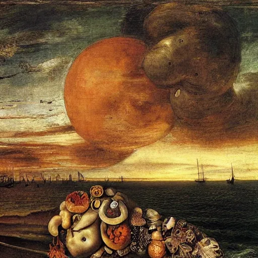 Prompt: sunset on the beach, by giuseppe arcimboldo,