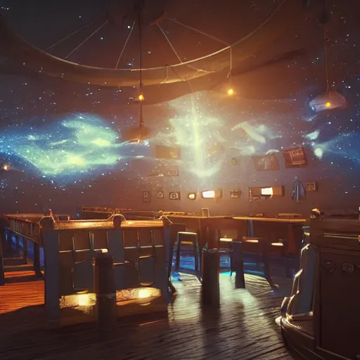 Prompt: part of a british pub floating in space, stars and galaxies, beams of light, trending on artstation, octane render