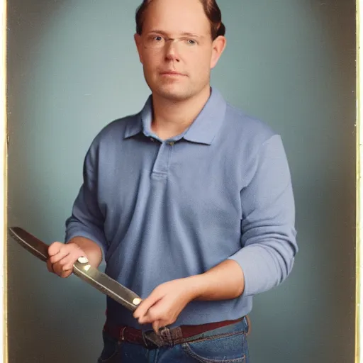 Image similar to preston hawkes wearing a blue collared polo shirt with blue jeans holding a protractor in one hand and a sword in the other hand, studio portrait