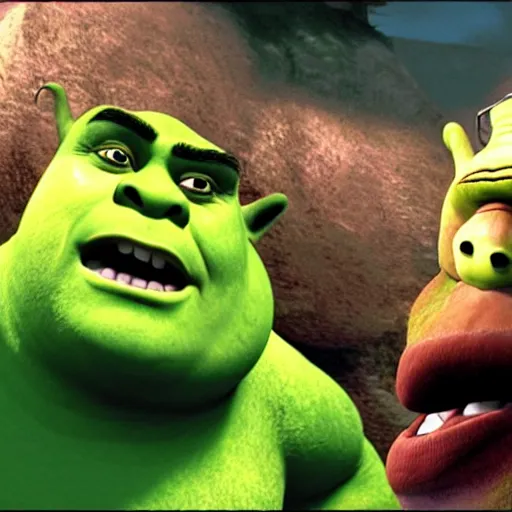 Prompt: a still from dreamworks shrek 2 0 0 1, shrek is angry about his taxes