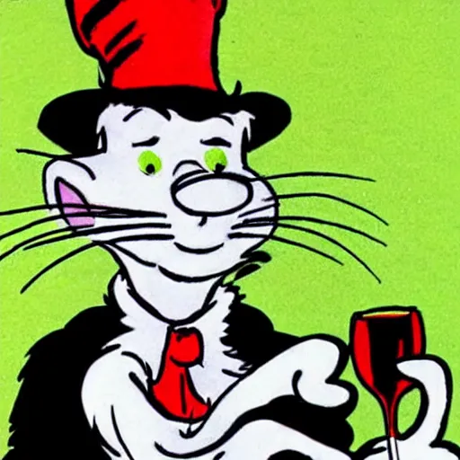 Image similar to The cat in the hat has lost his hat and became an alcoholic drawn by dr.seuss