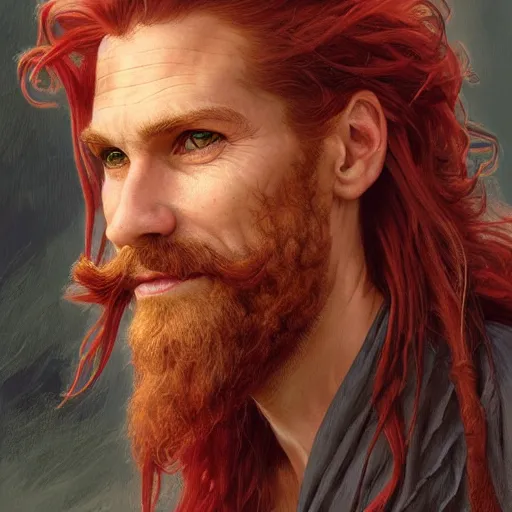 Image similar to portrait of a young ruggedly handsome but joyful pirate, male, masculine, upper body, red crimson hair, long long long flowing hair, fantasy, proud smirk, intricate, elegant, highly detailed, digital painting, artstation, concept art, matte, sharp focus, illustration, art by artgerm and greg rutkowski and alphonse mucha