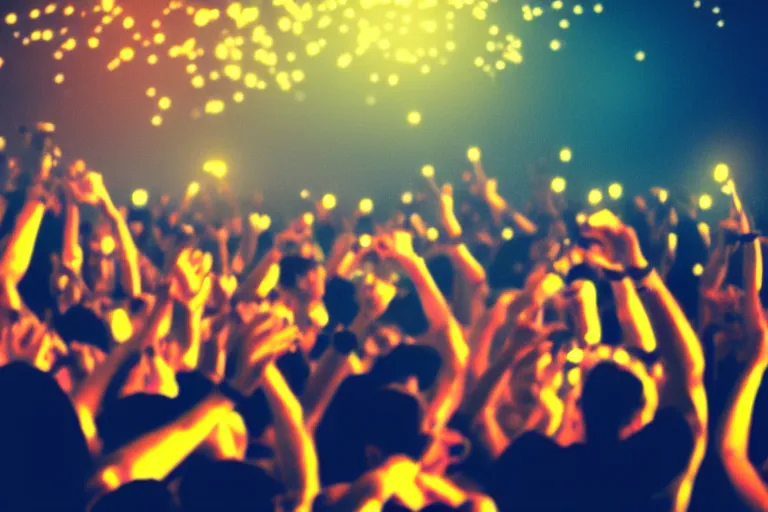 Image similar to crowd partying with their hands up at a festival, some lighters in the air, some cellphones in the air filming, silhouette, digital art, trending on artstation, 4k, unreal engine, intricate, ornate