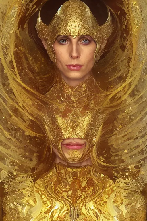 Prompt: tony hinchcliffe in gold armor, gold hair, gold eyes, tanned skin, fantasy, intricate, highly detailed, digital painting, artstation, concept art, smooth, sharp focus, art by Artem Demura and Alphonse Mucha, ArtGerm, Valentina Remenar, Gaston Bussiere, Cedric Peyravernay