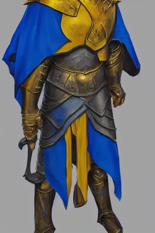 Image similar to a knight with blue tabard and a yellow cape and steel pauldrons and short blonde hair and a short blonde beard, realistic, detailed, trending on ArtStation, by Larry Elmore