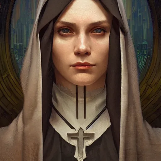 Prompt: portrait of a dystopian nun, intricate, headshot, highly detailed, digital painting, artstation, concept art, sharp focus, cinematic lighting, digital painting, art by artgerm and greg rutkowski, alphonse mucha, cgsociety