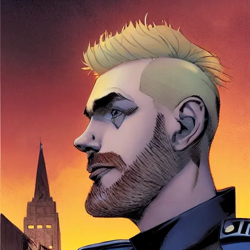 Image similar to portrait of a blonde pale police officer with short hair and a patchy beard, close up, grimy streets backdrop, detailed, art by russell dauterman and ryan ottley and patrick gleason and stefano caselli and marco checchetto esad ribic