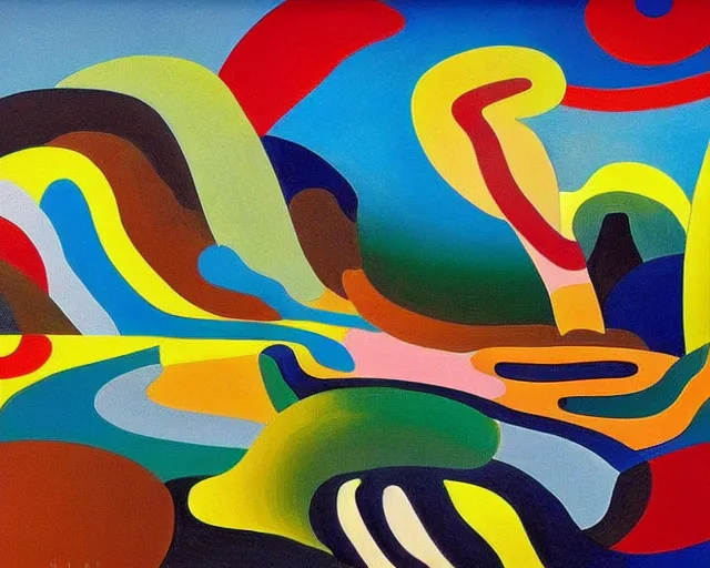 Prompt: A wild, insane, modernist landscape painting. Wild energy patterns rippling in all directions. Curves, organic, zig-zags. Saturated color. Mountains. Clouds. Rushing water. Wayne Thiebaud. Tarsila do Amaral. Zao Wou-ki.