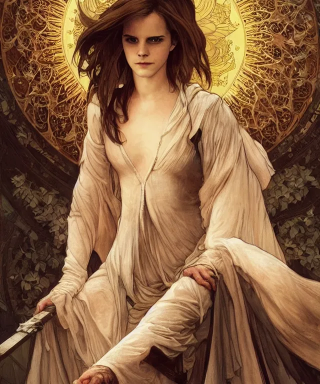 Image similar to Emma Watson as Lucifer morningstar, highly detailed, digital painting, artstation, concept art, smooth, sharp focus, illustration, ArtStation, art by artgerm and greg rutkowski and alphonse mucha and J. C. Leyendecker and Edmund Blair Leighton and Katsuhiro Otomo and Geof Darrow and Phil hale and Ashley wood and Ilya repin and Charlie Bowater