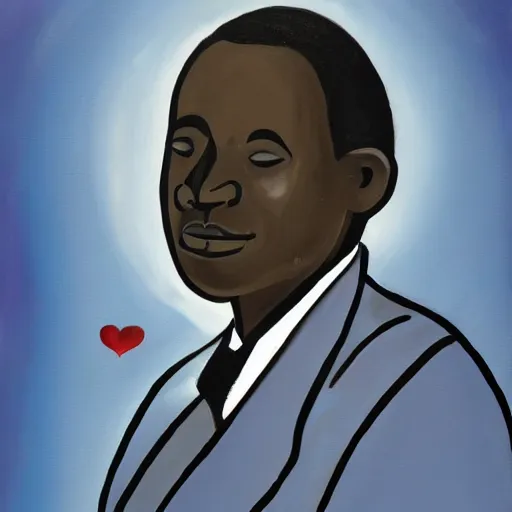 Prompt: a painting of a fatherly, aquiline nose, wide forehead, round face, XXL , loving, caring, generous, ever-present, humble, wise elder from Kenya with a friendly expression in a suit by Kara Walker . Fatherly/daddy, focused, loving, leader, relaxed,. ethereal lights, details, smooth, sharp focus, illustration, realistic, cinematic, artstation, award winning, rgb , unreal engine, octane render, cinematic light, macro, depth of field, blur, red light and clouds from the back, highly detailed epic cinematic concept art CG render made in Maya, Blender and Photoshop, octane render, excellent composition, dynamic dramatic cinematic lighting, aesthetic, very inspirational, arthouse.