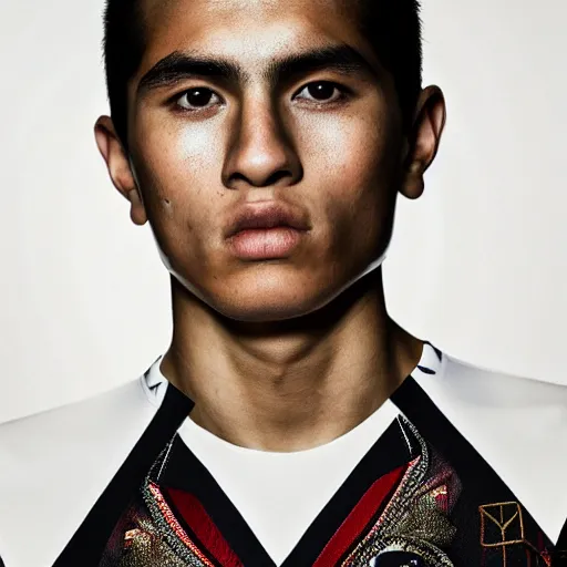 Prompt: a portrait of a beautiful athletic young mexican male wearing alexander mcqueen couture , photographed by andrew thomas huang, artistic