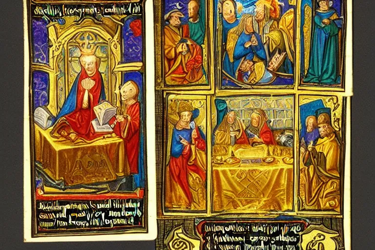 Image similar to tcg trading card game depicting gold-leafed illuminated medieval manuscript imagery of saints, cards laid out on a table in a chapel