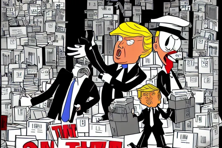 Image similar to 2 d poster illlustration donald trump and donald trump wearing trenchcoats and black spy hats, stacks of boxes everywhere and a safe broken open for the movie spy vs spy