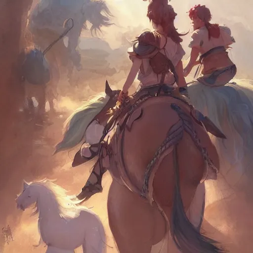 Prompt: a group of people riding on the backs of horses, a storybook illustration by krenz cushart, pixiv contest winner, fantasy art, official art, concept art, storybook illustration.