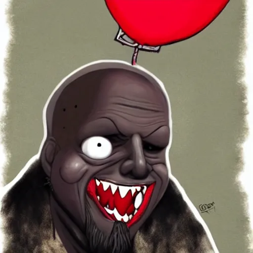 Image similar to grunge cartoon painting of kanye with a wide smile and a red balloon by chris leib, loony toons style, pennywise style, corpse bride style, horror theme, detailed, elegant, intricate