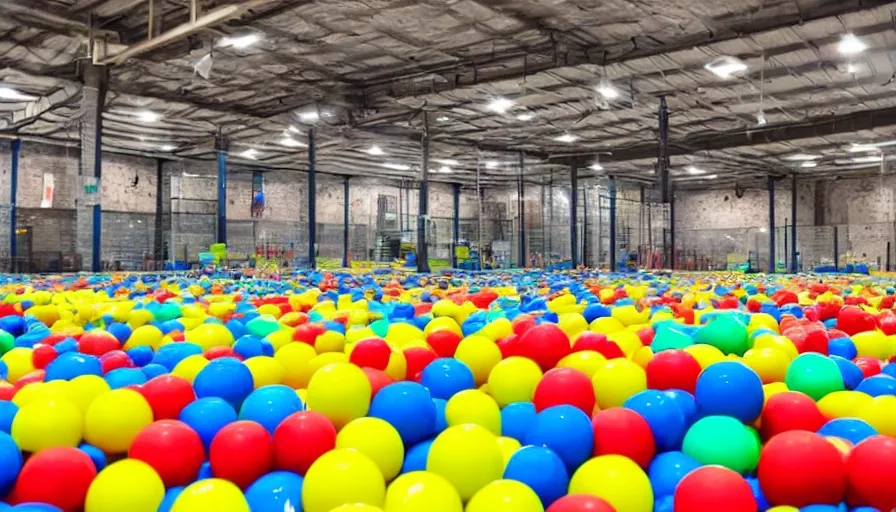 Image similar to an empty warehouse with a kiddie pool filled with colorful plastic balls