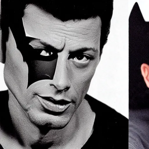 Image similar to young, muscular jeff goldblum as bruce wayne peeling back batman mask, wearing batman t shirt, film still