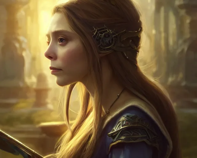 Image similar to a gaming screenshot still portrait of elizabeth olsen in final fantasy, deep focus, d & d, fantasy, intricate, elegant, highly detailed, digital painting, artstation, concept art, matte, sharp focus, illustration, dark fantasy style art, hearthstone, art by artgerm and greg rutkowski and alphonse mucha