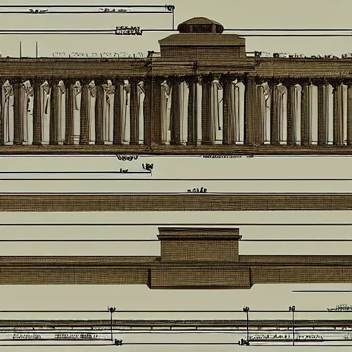 Image similar to architectural blueprint of a public bronze sculpture, with orthographic views