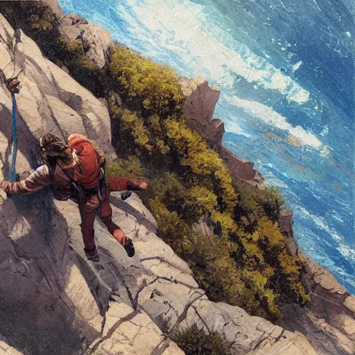 Image similar to adventurer hanging off a rocky cliff holding on by one hand, top down view by Greg Rutkowski by James Gurney